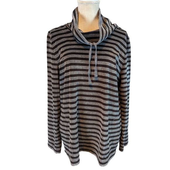 Talbots Pullover Sweatshirt Women's Medium Gray Black Velour Stripe Funnel Neck - Picture 1 of 9